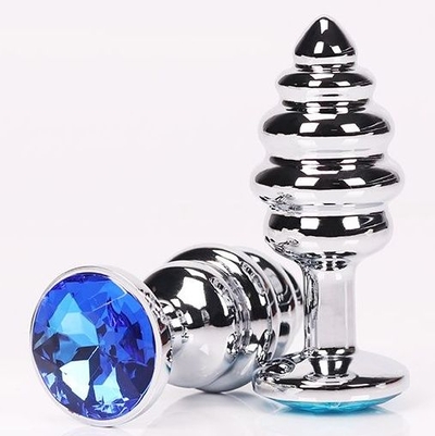 Серебристая фигурная анальная пробка с синим кристаллом - 8 см. - фото, цены