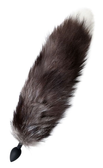 Черная силиконовая анальная втулка с хвостом чернобурой лисы - размер S - фото, цены