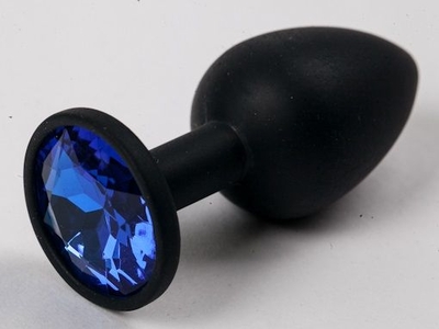 Черная силиконовая анальная пробка с синим стразом - 7,1 см. - фото, цены