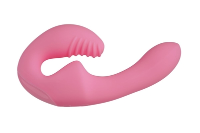 Нежно-розовый безремневой страпон с пультом ду - 17,5 см. - фото, цены