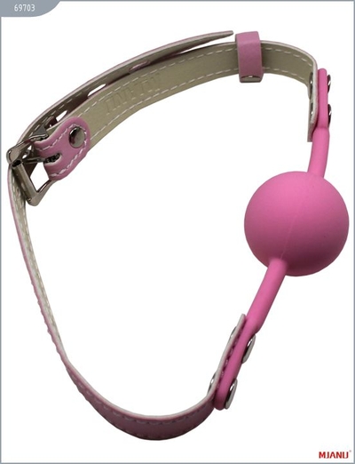 Розовый силиконовый кляп с фиксацией розовыми кожаными ремешками - фото, цены