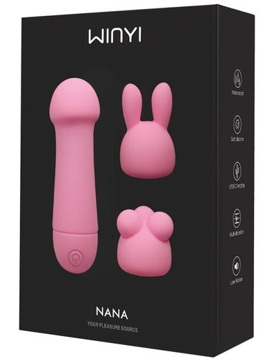 Нежно-розовый мини-вибратор Nana с 3 насадками - 10,6 см. - фото, цены