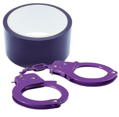 Набор для фиксации Bondx Metal Cuffs And Ribbon: фиолетовые наручники из листового материала и липкая лента - фото, цены