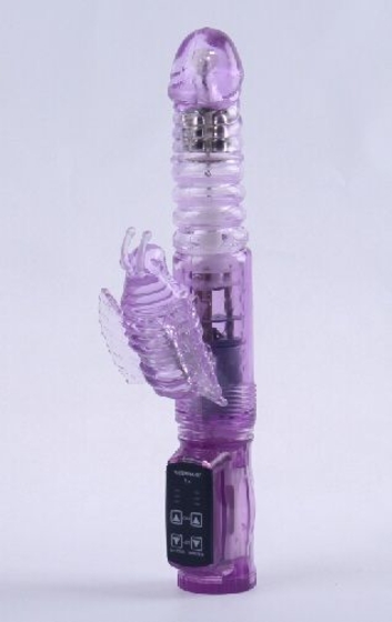 Фиолетовый вибратор с ротацией, функцией Up Down и клиторальной бабочкой - 23,5 см. - фото, цены