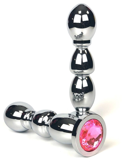 Серебристая анальная пробка-ёлочка с нежно-розовым кристаллом - 12,5 см. - фото, цены