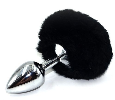 Серебристая округлая анальная пробка с заячьим хвостиком черного цвета - 11,5 см. - фото, цены