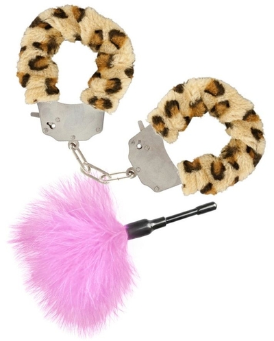 Эротический набор: леопардовые наручники и розовая пуховка - фото, цены