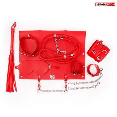 Красный набор бдсм в сумке: маска, ошейник с поводком, наручники, оковы, плеть - фото, цены