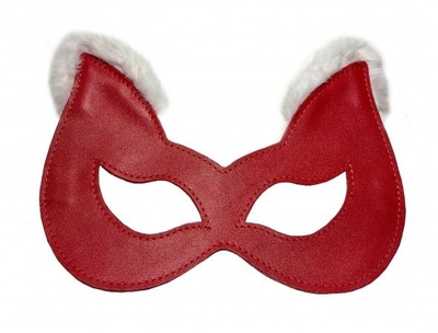 Красная маска из натуральной кожи с белым мехом на ушках - фото, цены