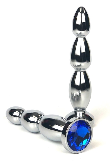 Серебристая анальная пробка-ёлочка с синим кристаллом - 13 см. - фото, цены