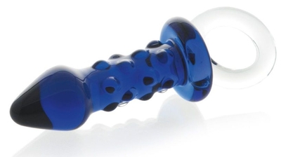 Синяя стеклянная анальная втулка с ручкой-кольцом - 16 см. - фото, цены