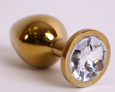 Золотистая анальная пробка с прозрачным кристаллом - 8,2 см. - фото, цены