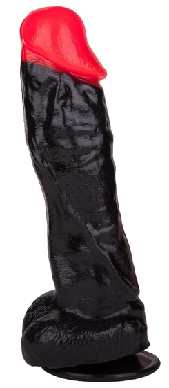 Чёрный фаллоимитатор с красной головкой - 20 см. - фото, цены
