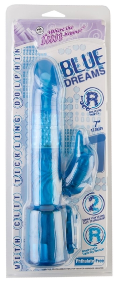 Синий вибратор с клиторальным стимулятором-дельфином - 17,8 см. - фото, цены