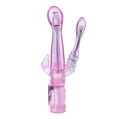 Розовый вибратор с анальным и клиторальным отростками Intimate Tease - 22 см. - фото, цены