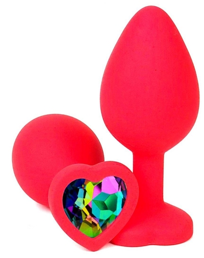 Красная силиконовая пробка с разноцветным кристаллом-сердечком - 8 см. - фото, цены