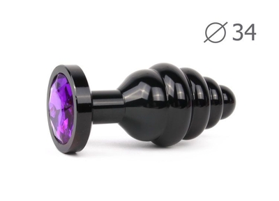Коническая ребристая черная анальная втулка с фиолетовым кристаллом - 8 см. - фото, цены