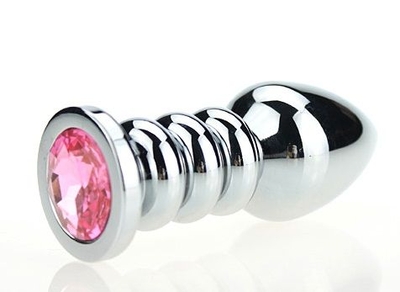 Серебристая фигурная анальная пробка с розовым кристаллом - 10,3 см. - фото, цены