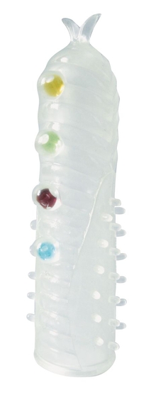 Закрытая белая насадка на пенис Crystal Sleeve с шариками и усиками - 14 см. - фото, цены