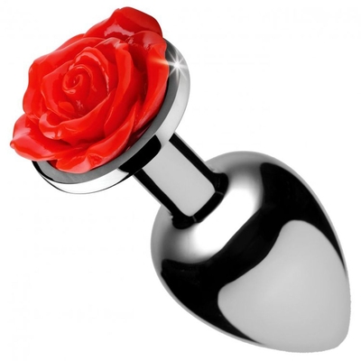 Серебристая анальная пробка с розой Red Rose Butt Plug - 8 см. - фото, цены