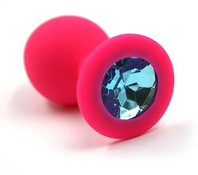 Розовая силиконовая анальная пробка с голубым кристаллом - 7 см. - фото, цены