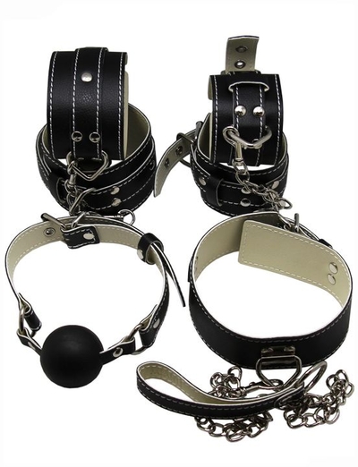 БДСМ-набор в черном цвете: наручники, поножи, ошейник с поводком, кляп - фото, цены
