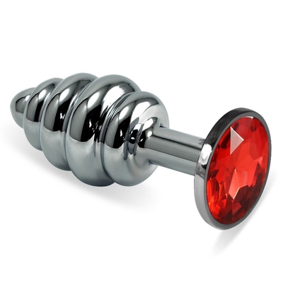 Серебристая ребристая пробка с красным кристаллом размера M - 8,5 см. - фото, цены