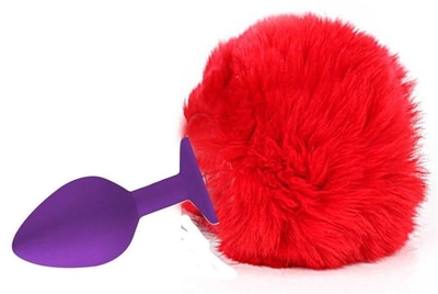 Фиолетовая анальная пробка с пушистым красным хвостиком зайки - фото, цены