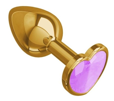 Золотистая анальная пробка с сиреневым кристаллом-сердцем - 7 см. - фото, цены