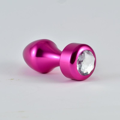 Розовая алюминиевая анальная пробка с прозрачным кристаллом - 8,1 см. - фото, цены