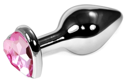 Серебристая анальная пробка со светло-розовым кристаллом-сердцем - 8 см. - фото, цены