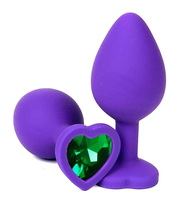 Фиолетовая силиконовая анальная пробка с зеленым стразом-сердцем - 8 см. - фото, цены