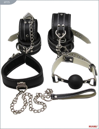 Набор БДСМ-девайсов из чёрной кожи на мягкой подкладке: наручники, наножники, ошейник с поводком, кляп - фото, цены