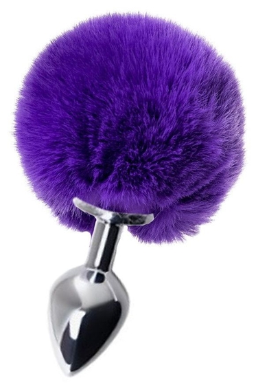 Серебристая анальная пробка с пушистым фиолетовым хвостиком зайки - фото, цены