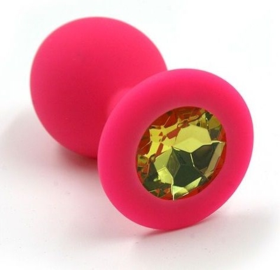 Розовая силиконовая анальная пробка с жёлтым кристаллом - 7 см. - фото, цены