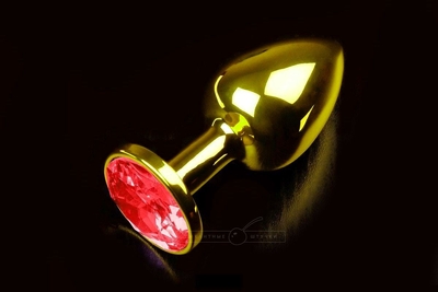 Маленькая золотистая анальная пробка с круглым кончиком и красным кристаллом - 7 см. - фото, цены