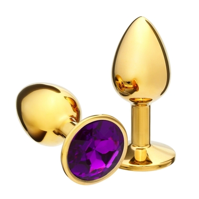 Золотистая анальная пробка с фиолетовым кристаллом - фото, цены