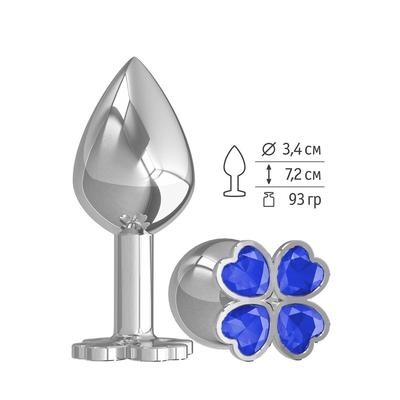Средняя серебристая анальная втулка с клевером из синих кристаллов - 8,5 см. - фото, цены