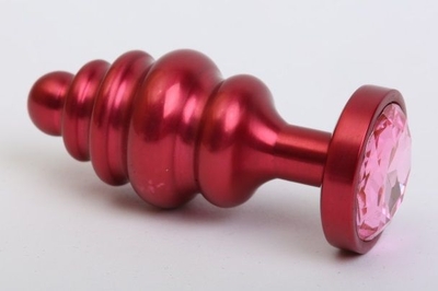 Красная ребристая анальная пробка с розовым стразом - 7,3 см. - фото, цены