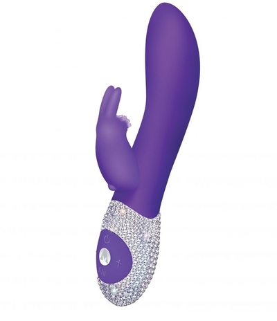 Фиолетовый вибромассажёр с клиторальным отростком и отделанной стразами рукоятью The Classic Rabbit - 22 см. - фото, цены