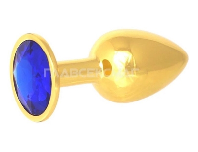 Золотистая анальная пробка с синим кристаллом - 7 см. - фото, цены