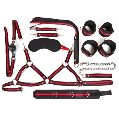 Черно-красный набор бдсм: наручники, оковы, ошейник с поводком, кляп, маска, плеть, лиф - фото, цены