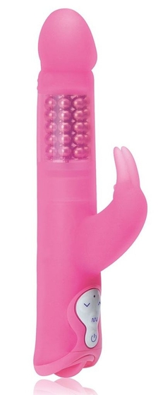 Розовый силиконовый вибратор с шариками и клиторальным отростком - 25 см. - фото, цены