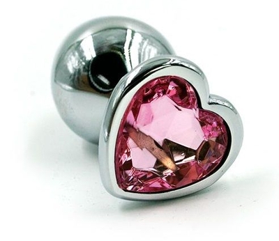 Серебристая анальная пробка с нежно-розовым кристаллом-сердцем - 7 см. - фото, цены