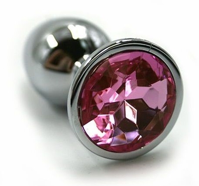 Серебристая алюминиевая анальная пробка с светло-розовым кристаллом - 6 см. - фото, цены