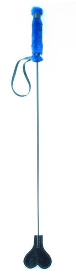 Черный лаковый стек с синей меховой ручкой - 61 см. - фото, цены