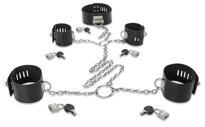Набор для фиксации: наручники, оковы и ошейник, соединённые цепями и кольцами - фото, цены