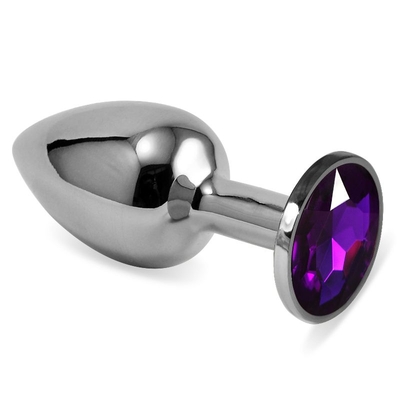 Серебристая анальная пробка с фиолетовым кристаллом размера M - 8 см. - фото, цены