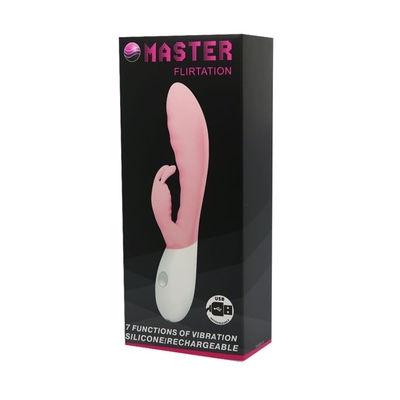 Розовый перезаряжаемый вибратор с клиторальным зайчиком Master Flirtation - 20 см. - фото, цены