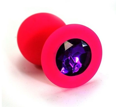 Розовая силиконовая анальная пробка с темно-фиолетовым кристаллом - 7 см. - фото, цены